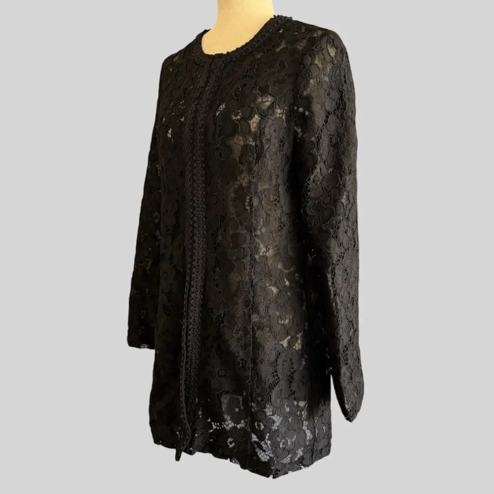 Karl Lagerfeld Black Lace Long Jacket Size 6 Elegant Tunic Dressy Topper Classic